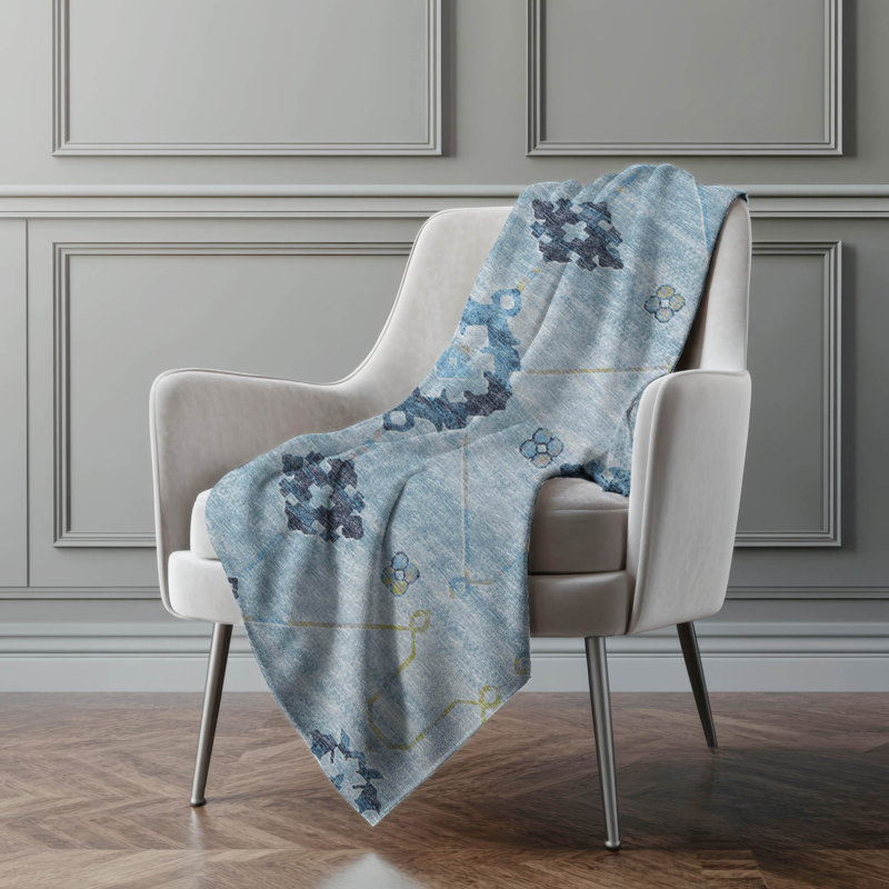 Addison Machine Washable Sherpa Open Field Ornate Throw Blanket, Blue