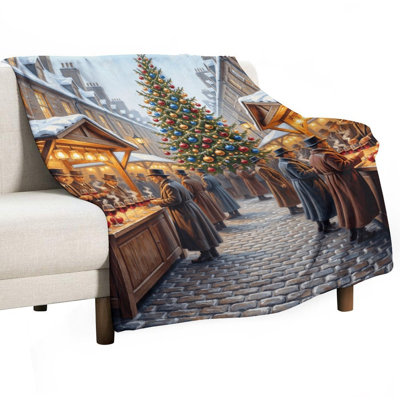 Vintage Christmas Market Scene With Tree And(1) Luxury Flannel Throw Blanket, Soft Warm Fuzzy Blanket for Living Room Sofa Bed Home Decor