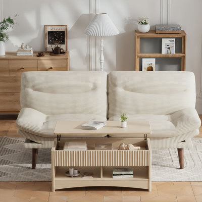 Futon canapé-lit avec dossier et accoudoirs réglables, causeuse convertible en velours côtelé avec table basse à plateau relevable moderne avec rangement, ensemble de salon