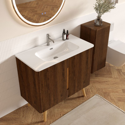 Meuble-lavabo simple en noyer rayé 30 po avec plateau en céramique Motohisa, meuble-lavabo moderne en bois avec rangement à 2 portes