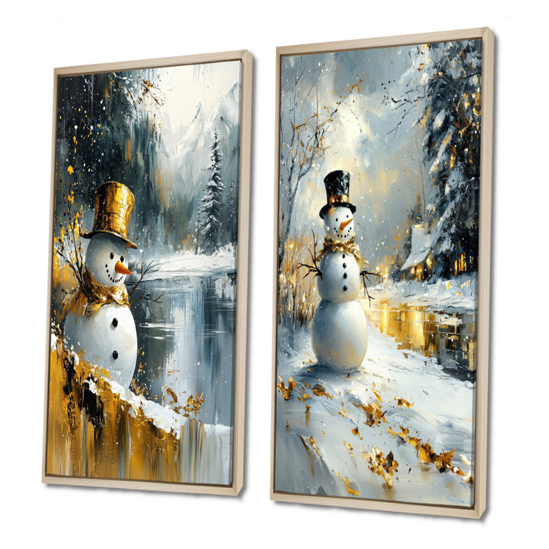 Bonhomme de neige de Noël dans des tons d'or et de blanc I - ensemble d'art mural de bonhomme de neige de Noël 2 pièces