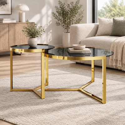 Ensemble de tables basses gigognes en verre doré, table basse ronde moderne avec structure en métal, table de centre de luxe Glam pour le salon, 31,66 po