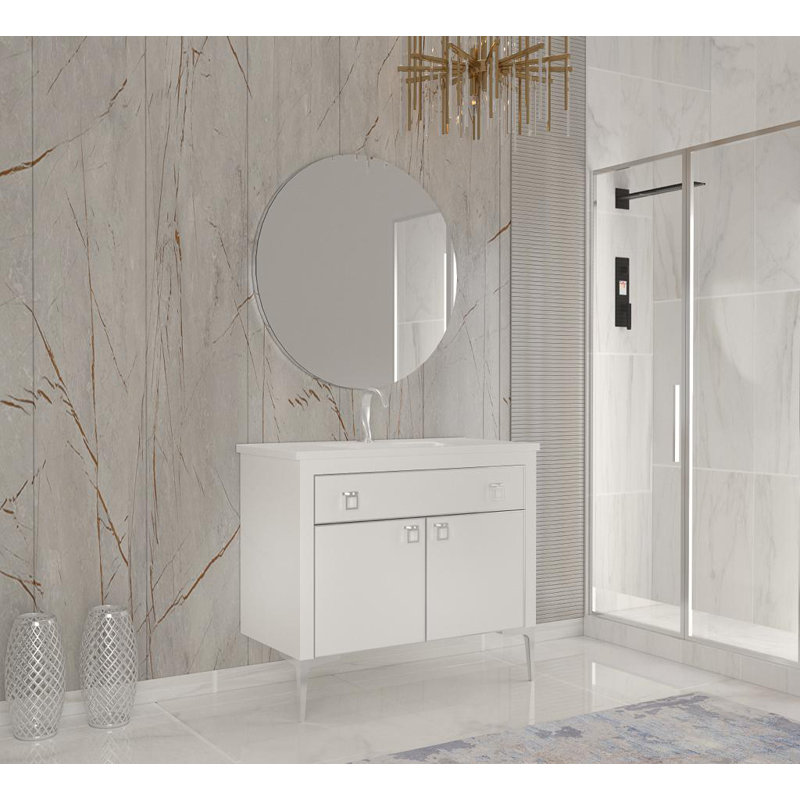 Meuble-lavabo mural de 34 pouces avec plateau en céramique, Blanc, Chrome