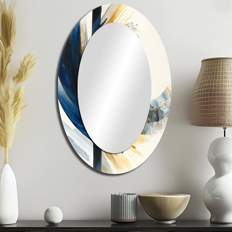 Miroir mural ovale bleu et or abstrait IV, 36 po x 24 po