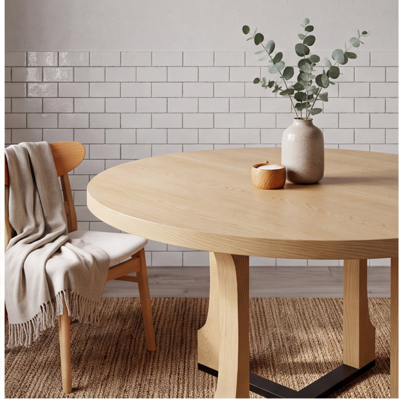 Table de salle à manger ronde 48 pouces, finition bois de frêne naturel, bois massif et panneau de fibres à densité moyenne, sièges 4