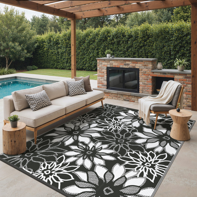 Shimeek Reversible Outdoor Mat, Waterproof Plastic Outdoor Mat, Rectangle 6' x 9',  Black/White