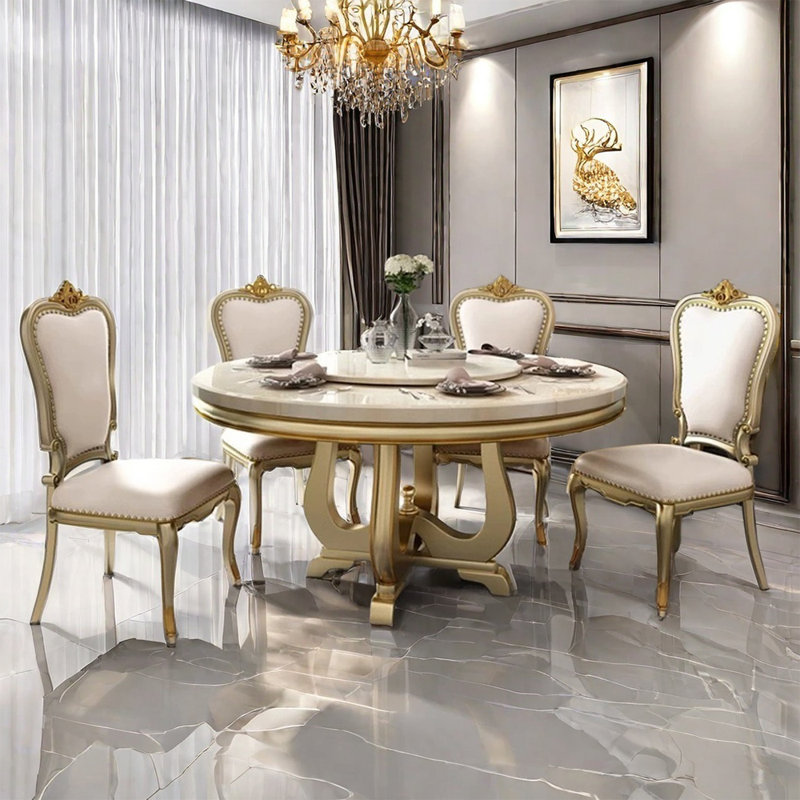 Table de salle à manger ronde en marbre artificiel de luxe clair, Or