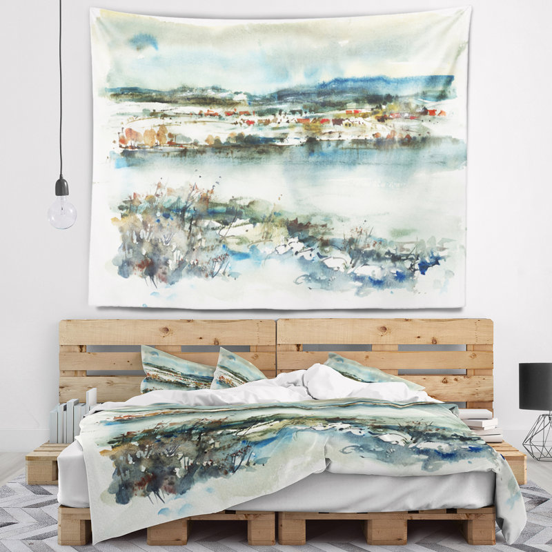 Tapisserie aquarelle paysage bleu d'hiver, H 32 po x l 39 po