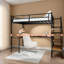 Lit mezzanine peu encombrant avec structure en fer et bureau en forme de L