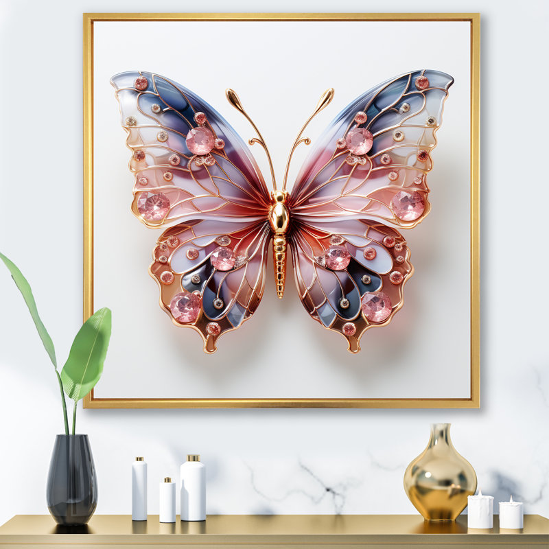 «Blue and Pink Crystal Butterfly II», art mural papillon, Cadre flottant doré, H 36 po x l 36 po x P 1,5 po