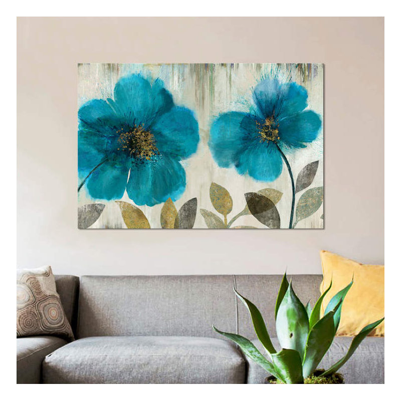 «Teal Flowers», reproduction sur toile, H 12 po x l 18 po x P 1,5 po, Pas de tapis, Toile tendue