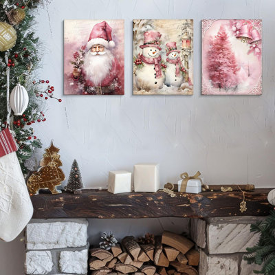 Vintage Pink Christmas Canvas Wall Art Set of 3, Christmas Pink Housewarming Gifts for Women, Christmas Wall Decor for Home Kitchen Bedroom Living Roo