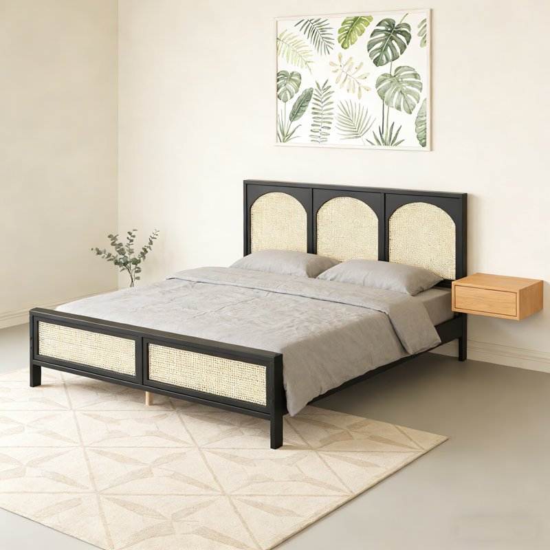 Lit plateforme très grand en bois avec tête et pied de lit en rotin, noir et beige, Très grand lit, Noir