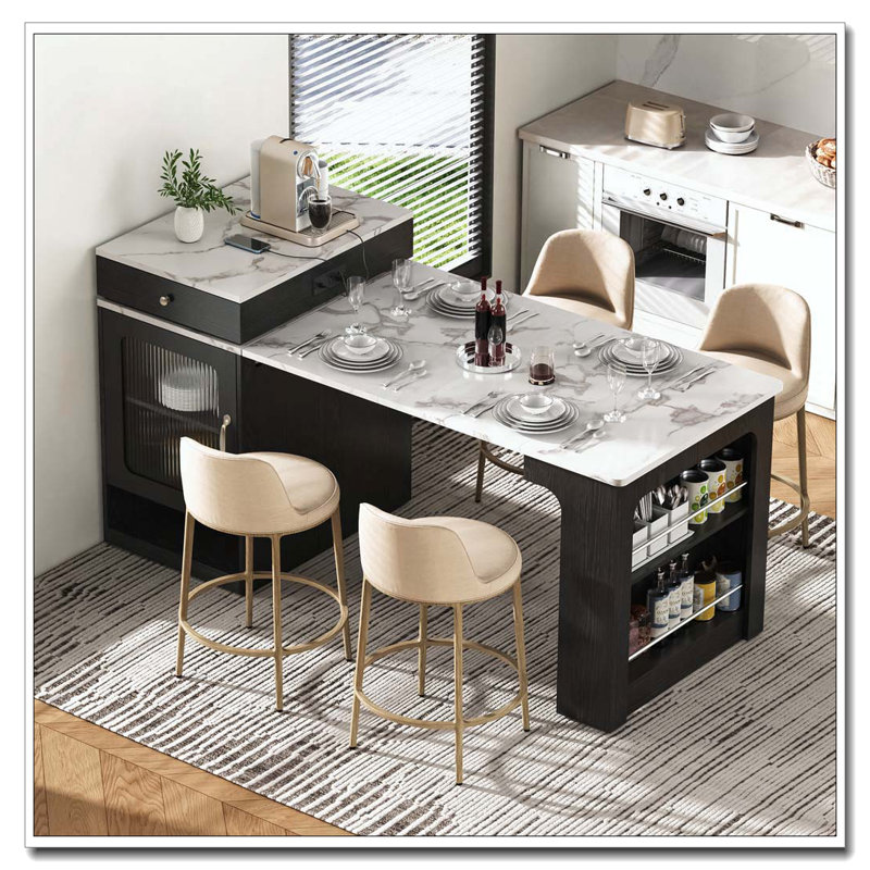 Îlot de cuisine 59,5 po avec table de salle à manger extensible, table de rangement de cuisine avec rangement double-face, îlot de cuisine avec 2 tiroirs, prise de courant, tablettes latérales ouvertes, pour la cuisine