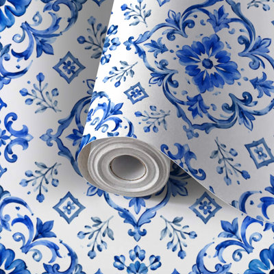 Peel and Stick Wallpaper Contact Paper Portuguese azulejo tile Blue white gorgeous seamless Hand painted Self Adhesive and Removable 24in x 118in(60x300cm)