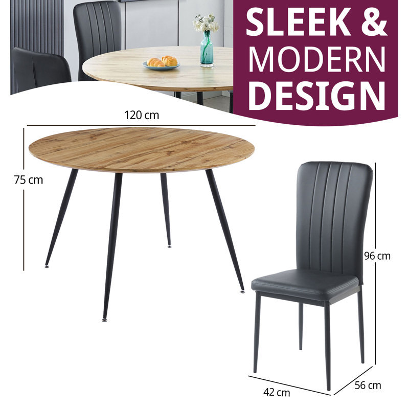 Cullompton Large Round Dining Table 120Cm, Effect Top, With 4 Black Faux Leather High Back Chairs, Oak