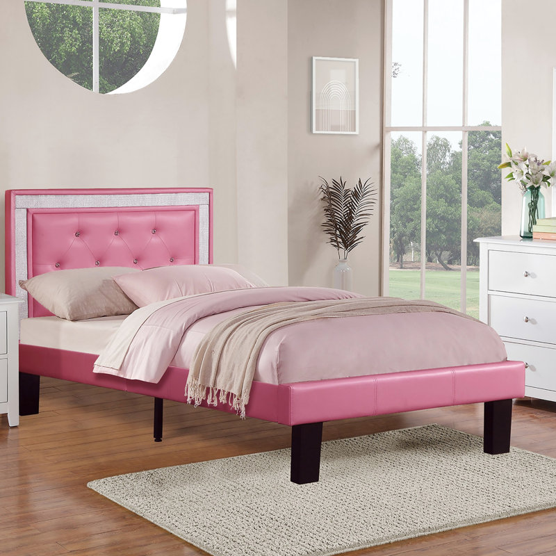 Modern Full Size Pink Bed Upholstered In Faux Leather, Button - Headboard And Wooden Legs For Bedroom