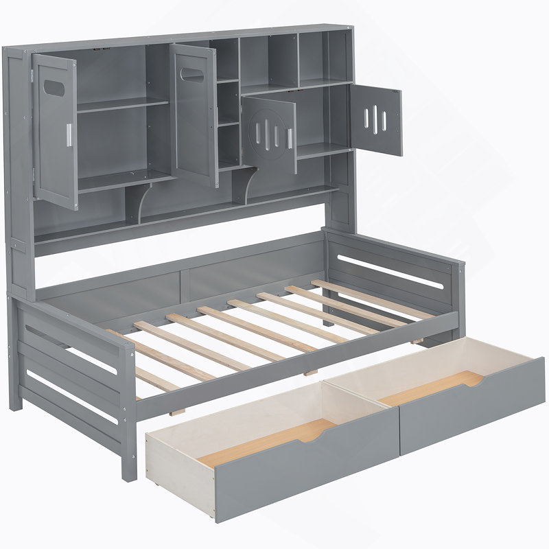 Twin Size Wooden Daybed With 2 Drawers, and All-in-One Cabinet and Shelf, Gray, Twin, Gray