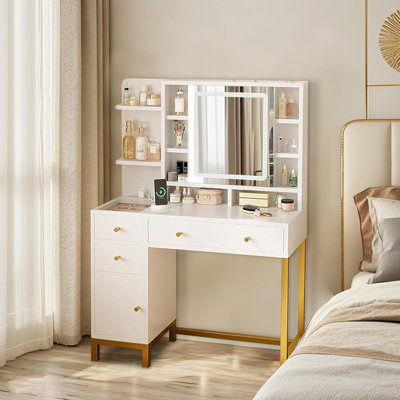 Bureau de coiffeuse avec miroir ouvert, coiffeuse avec prise de courant, 3 modes d'éclairage réglables, 8 tablettes et 4 tiroirs
