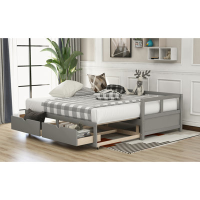 Lit de jour en bois avec lit gigogne et deux tiroirs de rangement, lit de jour extensible, canapé-lit pour le salon de la chambre à coucher, gris (VIEUX SKU: WF194973AAE)