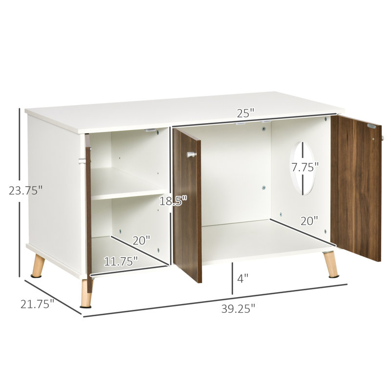 White and Walnut Wood Cat Litter Box Enclosure Cabinet
