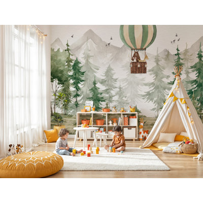 Hot Air Balloon Kids Wall Mural | Green Trees Peel and Stick Wallpaper | Children Nursery Wall Décor
