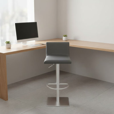 Tabouret de bar pivotant à hauteur réglable en similicuir gris et noyer gris avec base en acier inoxydable brossé