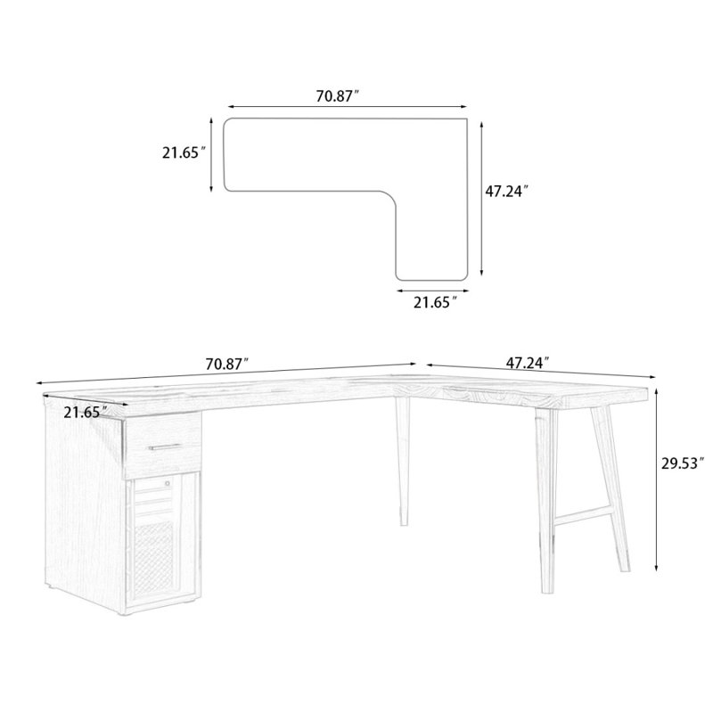 Bureau double caisson en L en bois massif avec 1 tiroir, Retour à droite, H 29,53 po x l 70,87 po x P 47,24 po