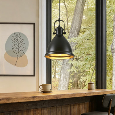 Farmhouse Pendant Light for Kitchen Island, 8.6 Inch Matte Black Industrial Pendant Lighting Fixture, Adjustable Height Hanging Lamp for Dining Room, Hallway, Barn, 1 Pack