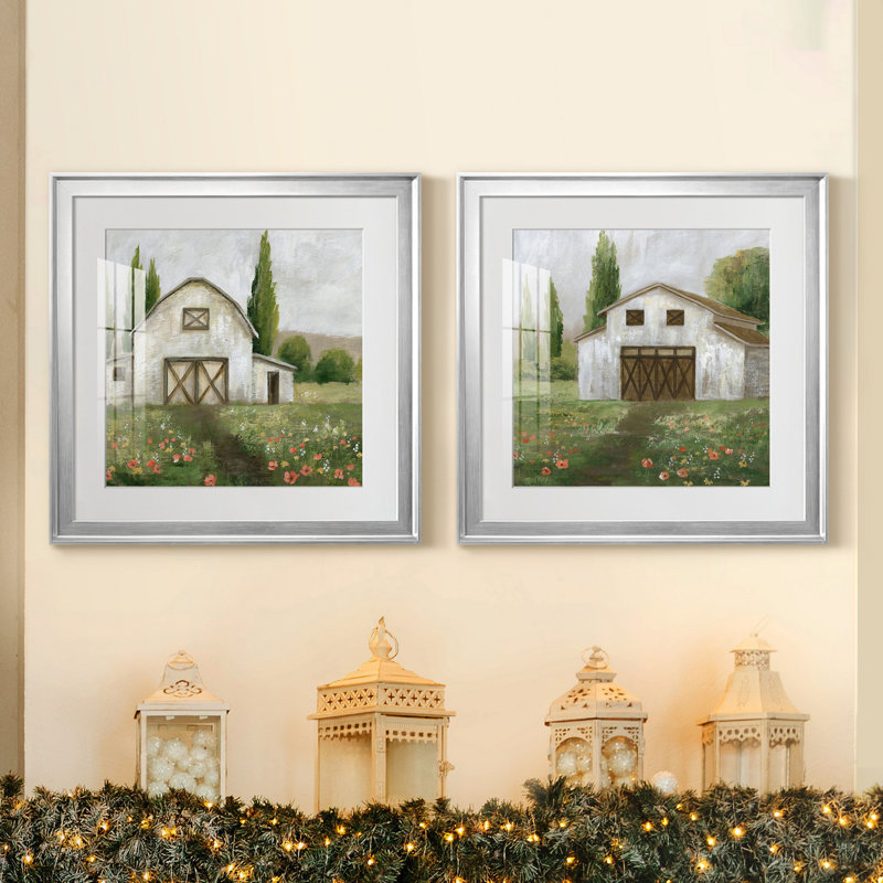 Country Barn I - ensemble de 2 reproductions d'art, H 22,5 po x l 45 po x P 1,5 po, Papier avec cadre argenté, Blanc