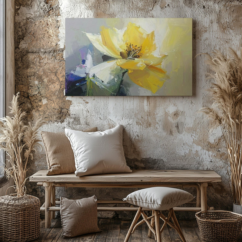 Art mural sur toile rayonnante florale, toile abstraite florale jaune, art prêt à accrocher, décor de galerie, décoration moderne