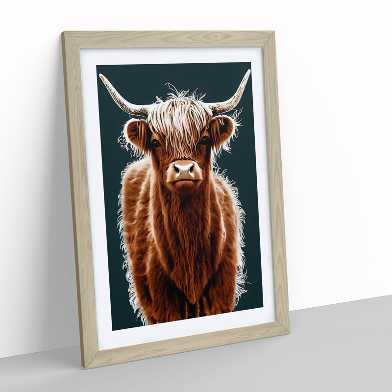 Charming Highland Cow - Single Picture Frame Print, 34cm H x 25cm W x 2cm D, Oak