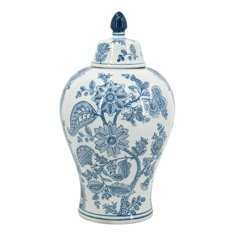 Pot en porcelaine avec couvercle - bleu / blanc, H 14,6 po x l 8,3 po x P 8,3 po