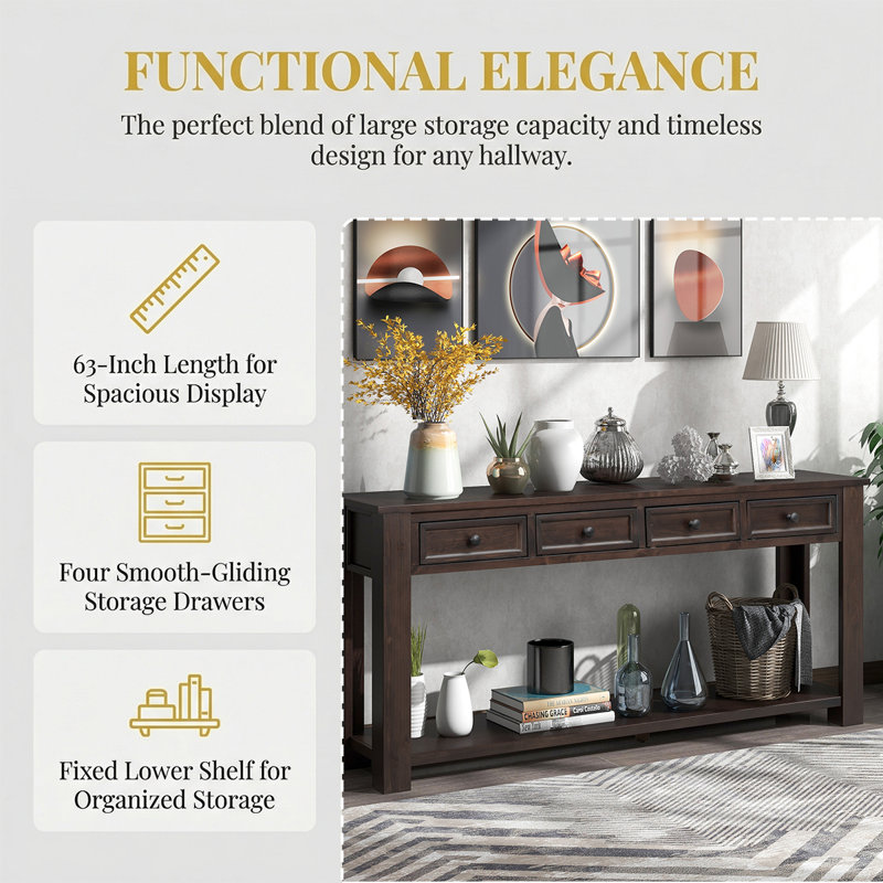 63"High-End Rustic Sofa Table With Drawers - Sturdy Craftsmanship, Hallway Storage Solution, Espresso Wood