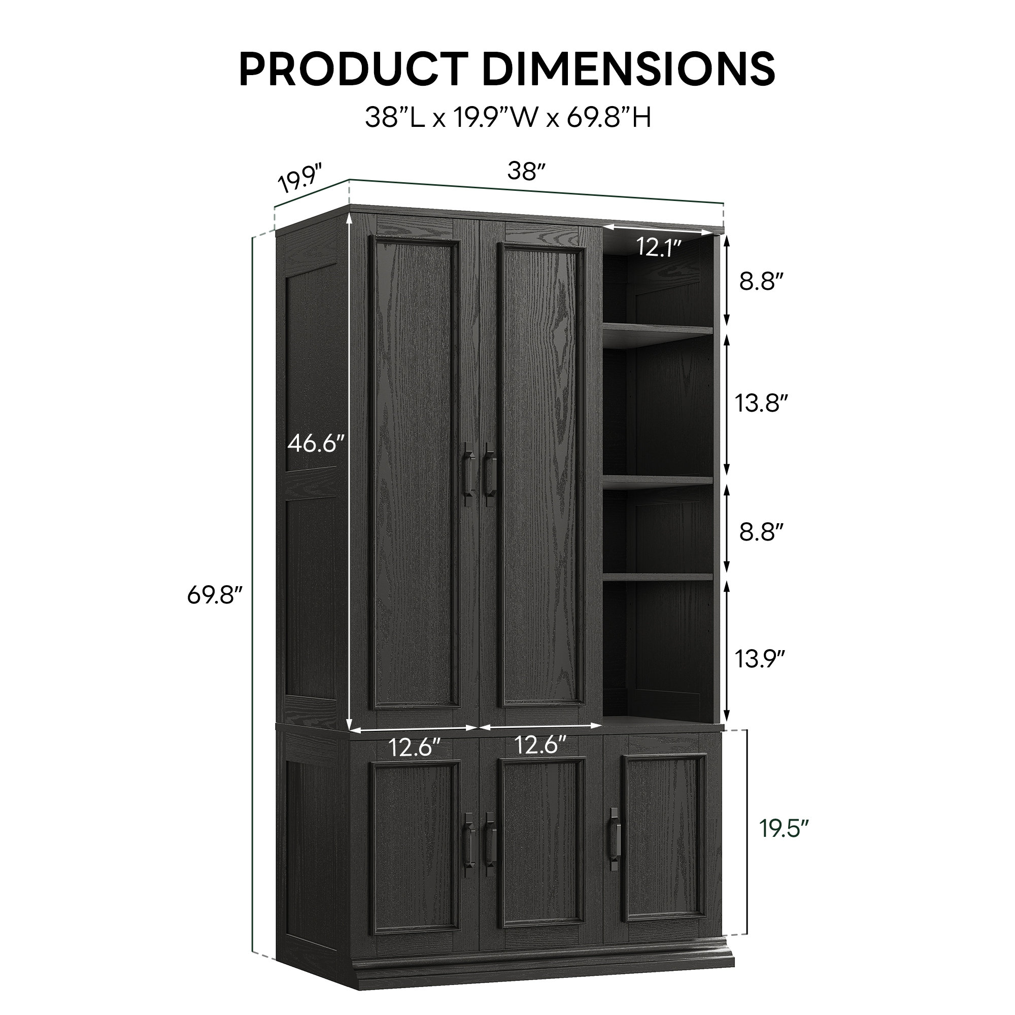 5-Door Wooden Wardrobe With Hanging Poles & 4 Open Storage Shelves, 70” Armoire For Hanging Clothes