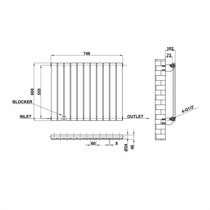 Flat Panel Central Heating Designer Radiator, White, 60cm H x 74.8cm W x 4.6cm D
