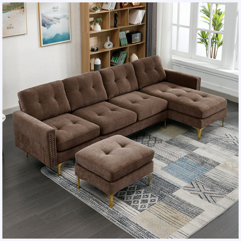 Canapé modulaire convertible en L de 110 po avec repose-pieds mobile pour salon, appartement, bureau, brun