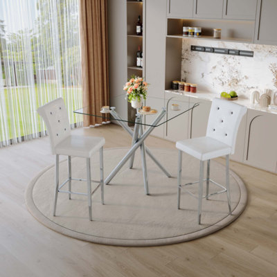Ensemble de 2 tables de bar et tabourets de bar à hauteur fixe Modern, table de pub à hauteur de comptoir contemporaine avec pieds chromés, chaises de bar en cuir de polyuréthane pour îlot de cuisine, bar personnel, petit espace (3 ensembles)