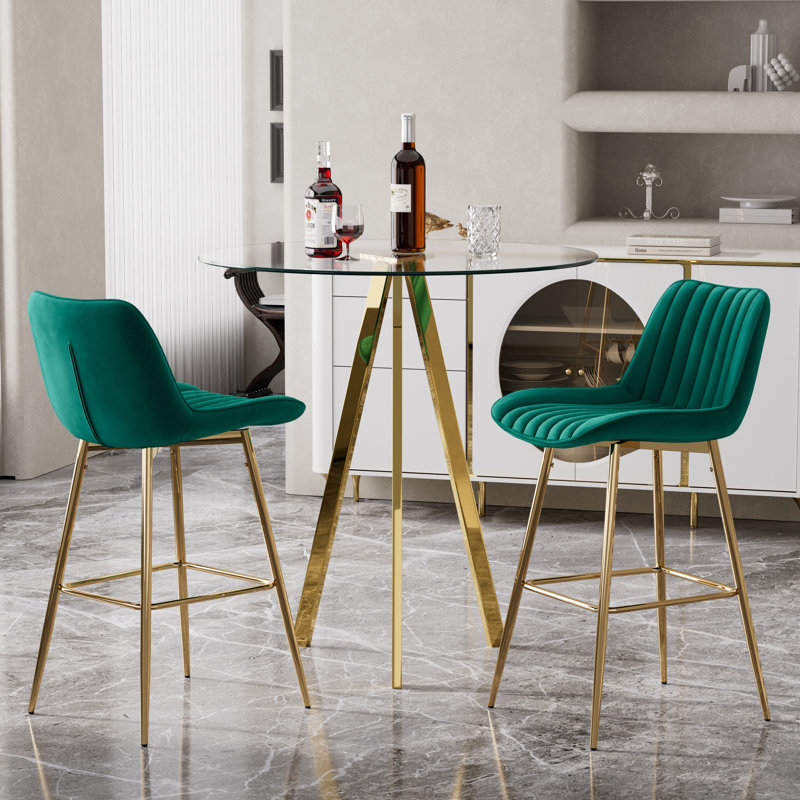 Ensemble de salle à manger 3 pièces avec tabouret de bar et tabouret de bar en velours (ensemble de 3), Vert / or