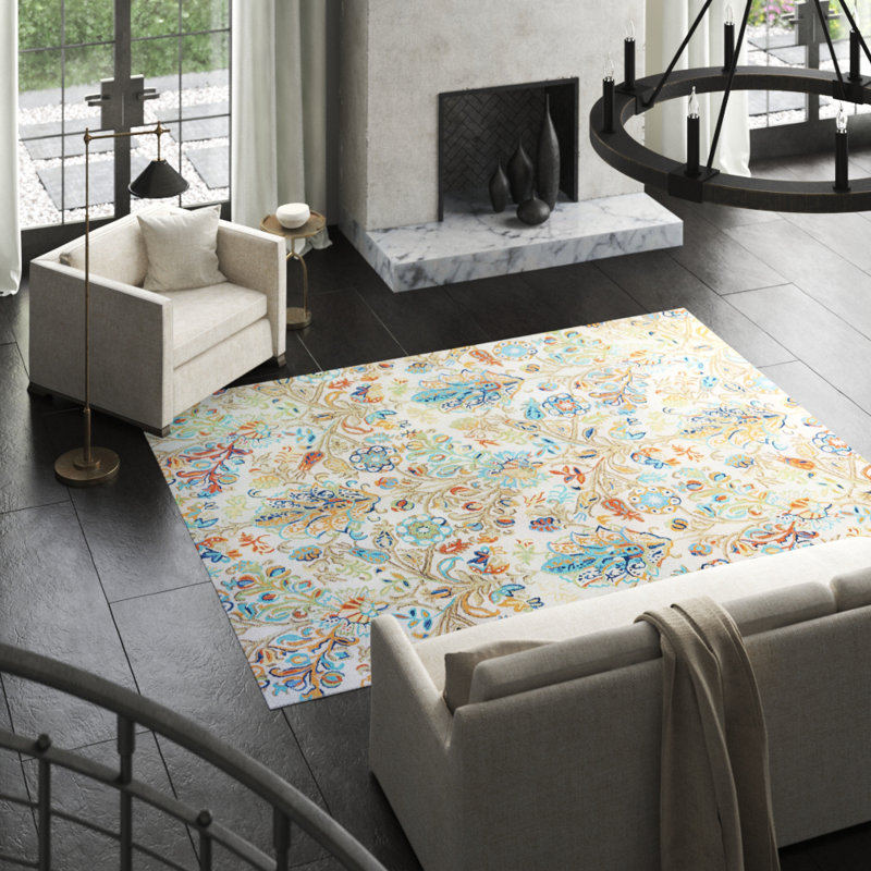 Acacia Floral Handmade Tufted Wool Blue/Beige/Green Rug, Rectangle 8' x 10'