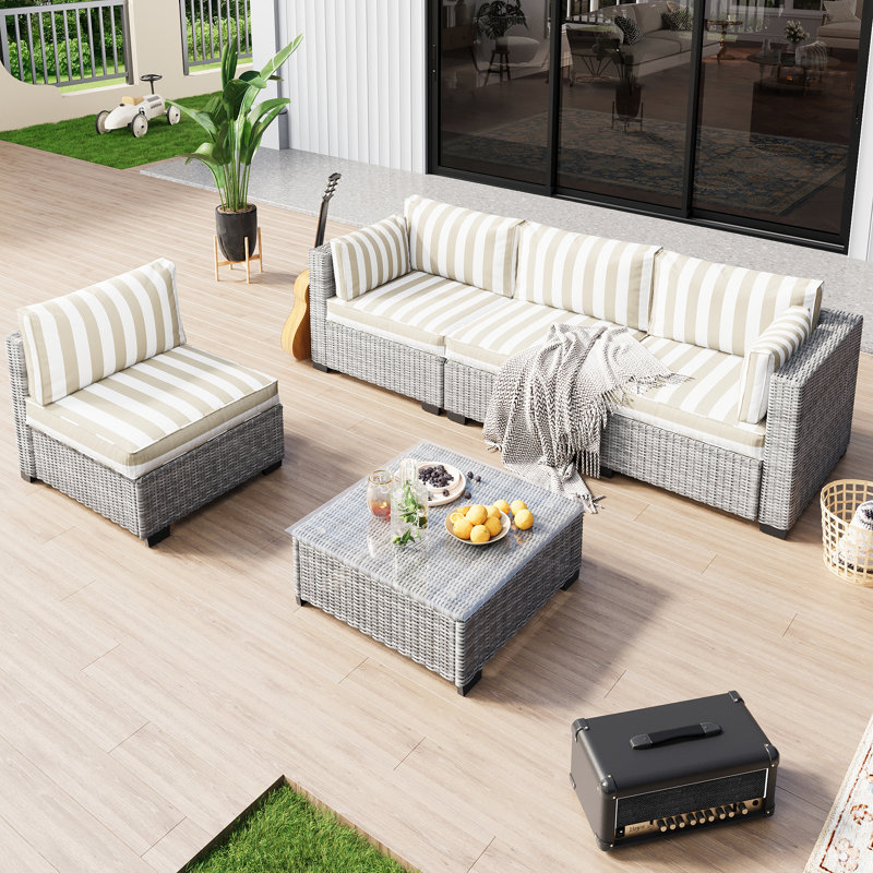 𝗣𝗿𝗲- 𝗮𝘀𝘀𝗲𝗺𝗯𝗹𝗲𝗱 𝗖𝗵𝗮𝗶𝗿𝘀, Canapé modulaire d'extérieur en rotin pour 2 personnes avec conversation et coussins épais