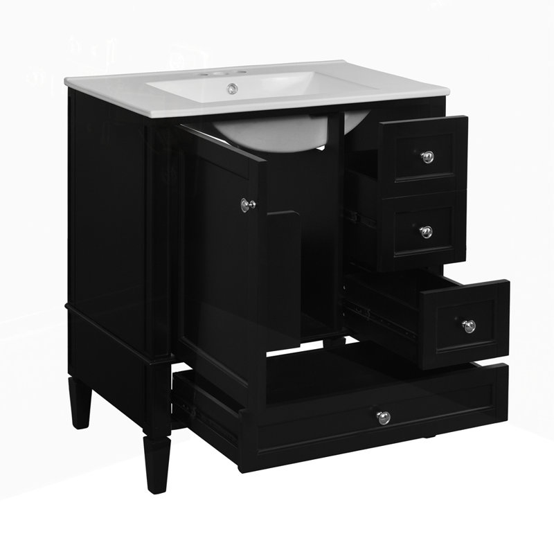 Meuble-lavabo de salle de bain avec lavabo en céramique à 3 tiroirs, Noir, noir, noir, noir