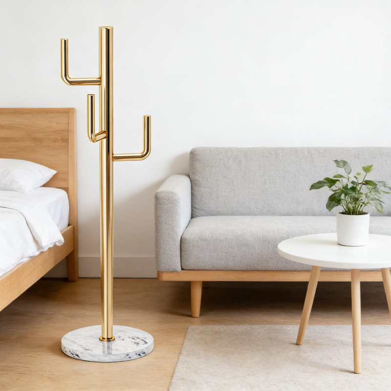 Modern Freestanding Coat Rack With Natural Marble Base And 8 Hooks, Heavy Duty Metal Coat Tree Stand For Jackets, Bags, And Entryway Organization