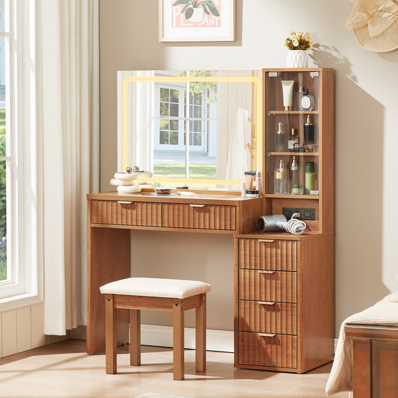 Vanity Desk With Mirror And Lights Set, 43.5'' Fluted Makeup Vanity With 6 Drawers And Adjustable Shelves,wood Make Up Vanity Dressing Table With Glass Top And Power Outlet For Bedroom