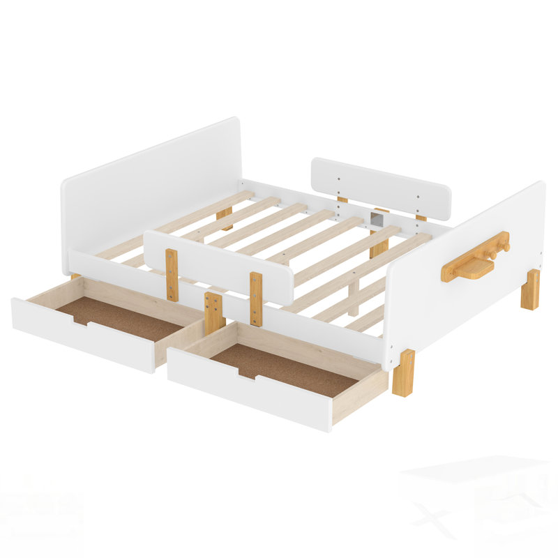 Platform Bed With Storage Drawers, Solid Wood Frame, Bed Guardrail, Small Shelf, And Hooks, No Box Spring Needed, Light White