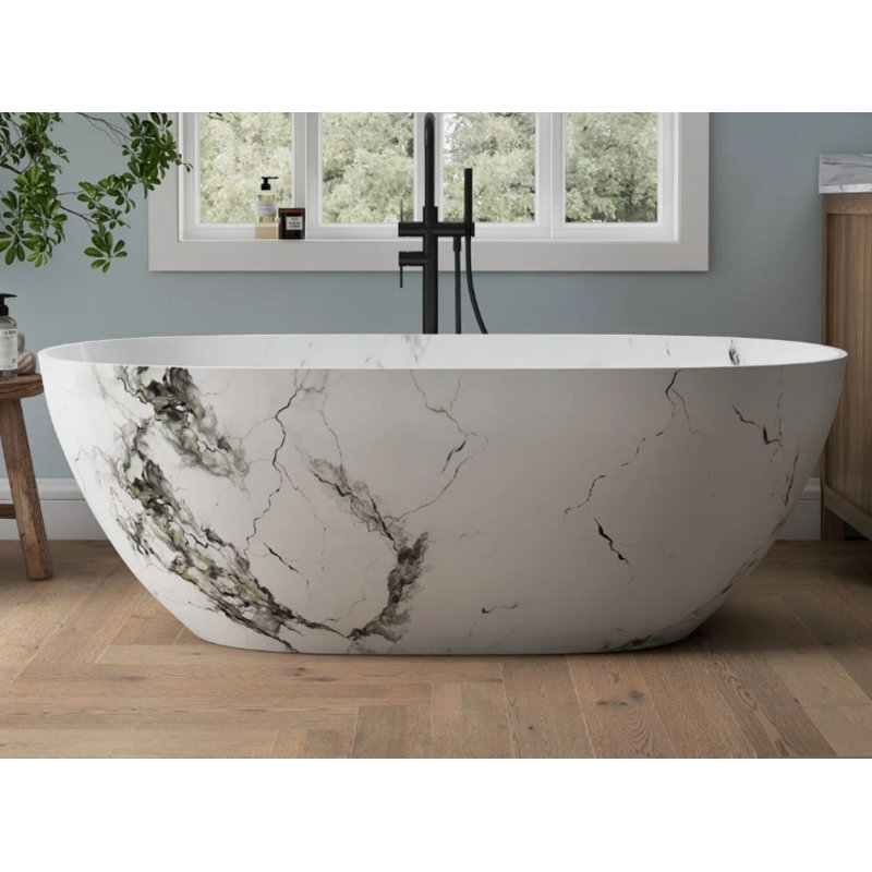 Forma 63" Marble Freestanding Tub Solid Surface Freestanding Soaking Bathtub, Marble