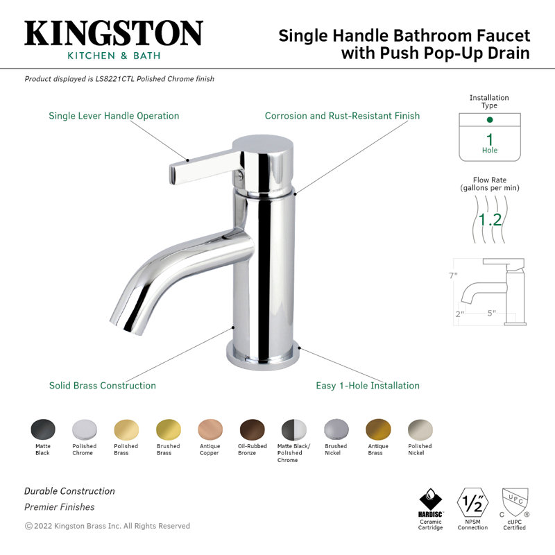 Kingston Brass Continental Single-Handle 1-Hole Deck Mount Bathroom Faucet with Push Pop-Up, Oil Rubbed Bronze