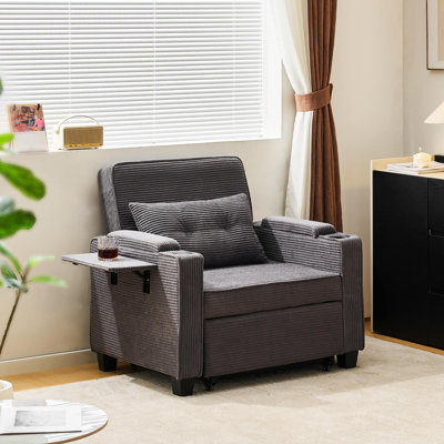 Single Sofa, 3-In-1 Recliner Pull-Out Corduroy Sofa Armchair With USB Ports, 3-Position Adjustable Backrest (105°-160°), Storage Space & Cup Holder