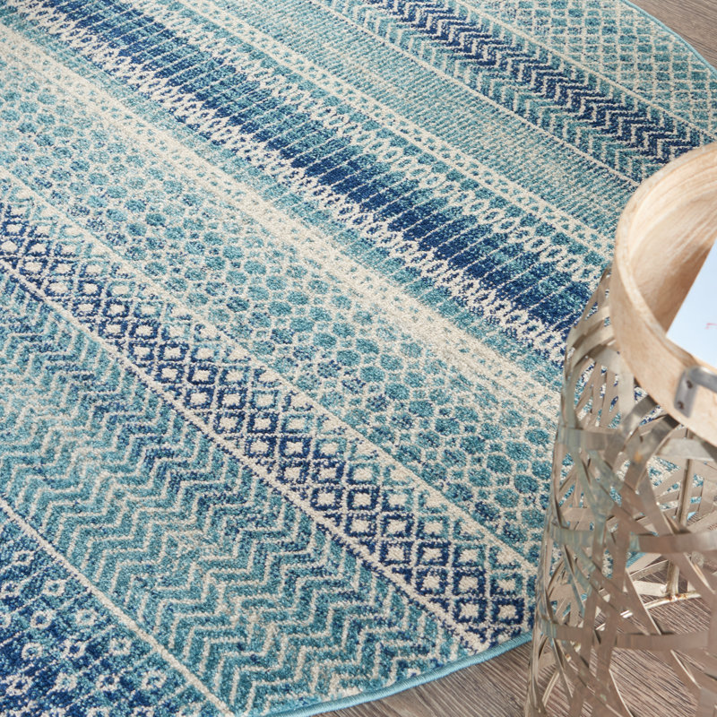 Tapis bleu marine à rayures Gillsville, Rond 8 pi