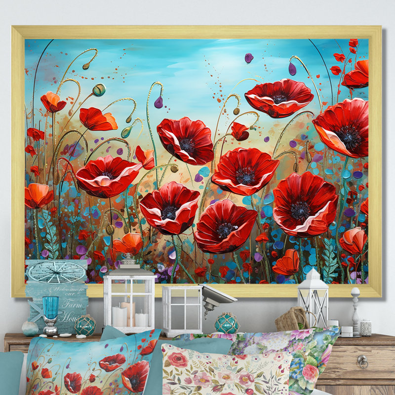 Red Poppies Blossoming III - impression, H 16 po x l 32 po x P 1 po, Cadre doré simple